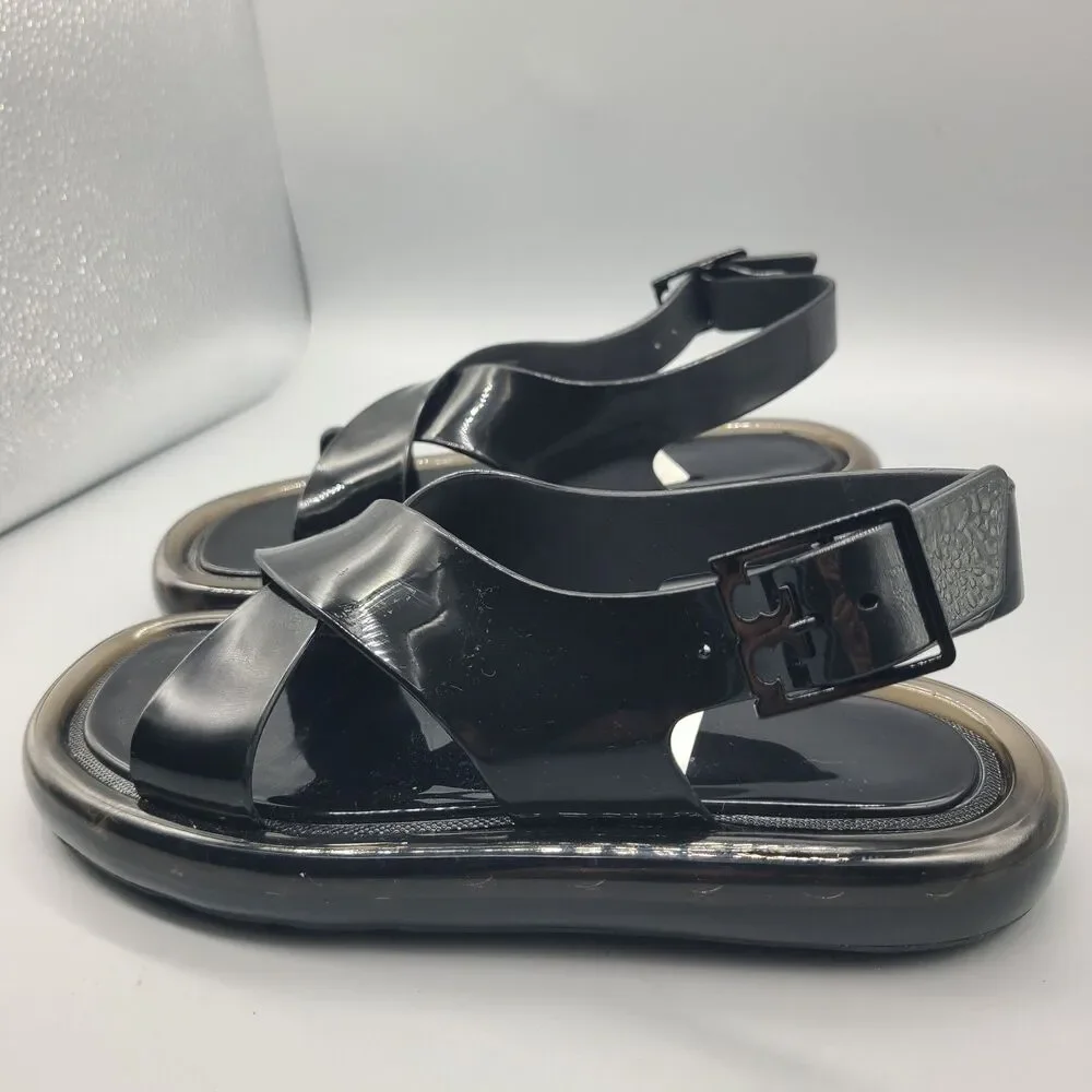 Tory Burch Sandals Criss Cross Bubble Jelly  Black slingback flat Sz 7 new